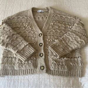 Zara Cardigan Sweater Size Small Bauble Chunky Cable Knit Wool Blend Cream